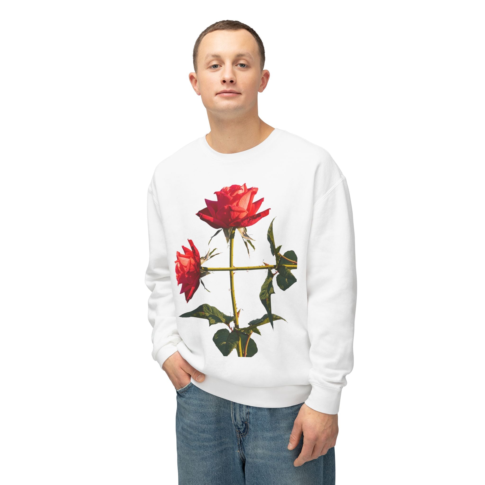 Cross Form Red Roses, Large Print, Unisex Lightweight Crewneck Sweatshirt