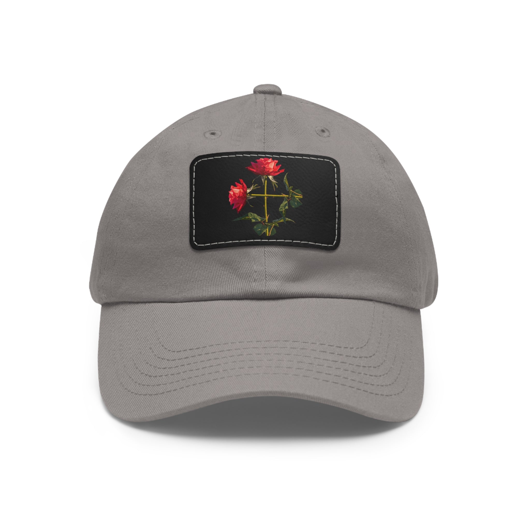 Cross Form Red Roses, Dad Hat with Leather Patch (Rectangle)