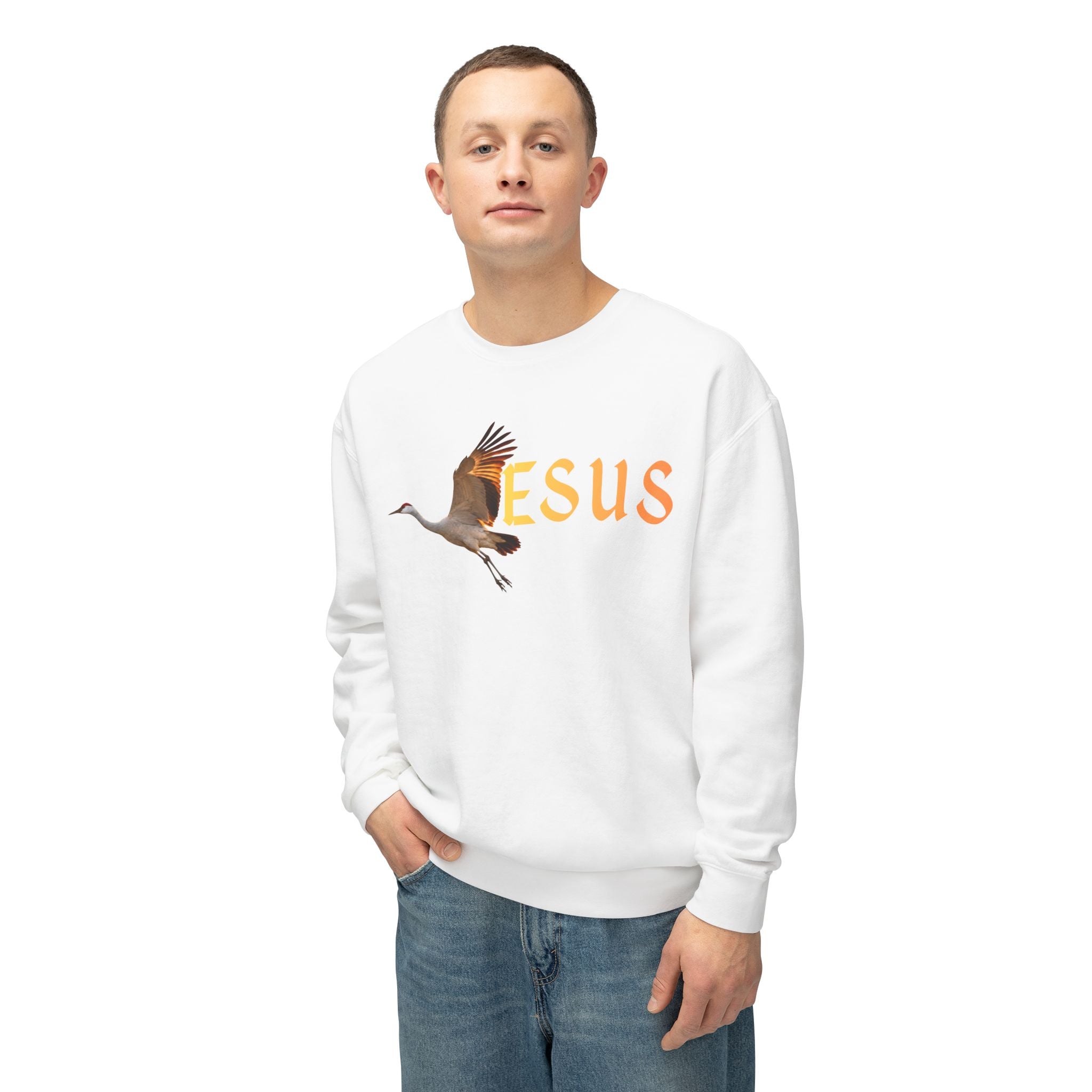 Jesus With Crane Bird, Unisex Lightweight Crewneck Sweatshirt