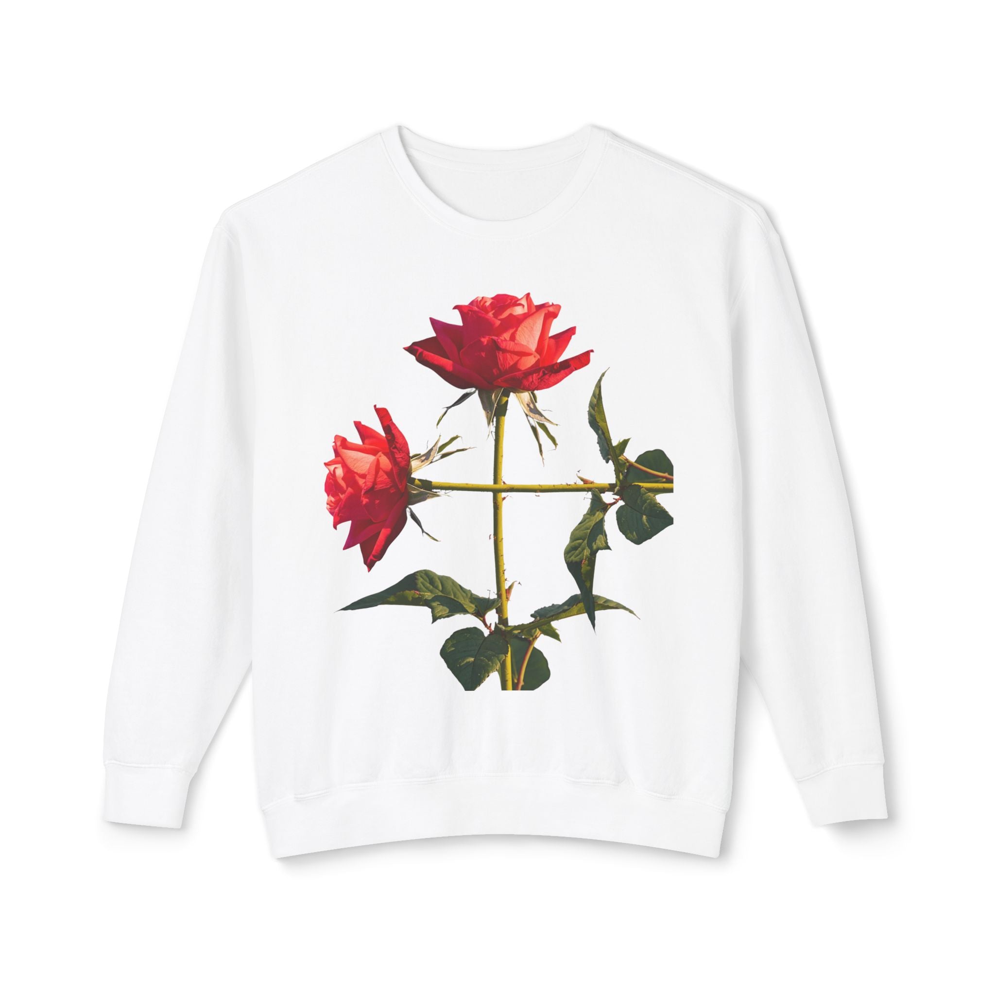 Cross Form Red Roses, Large Print, Unisex Lightweight Crewneck Sweatshirt