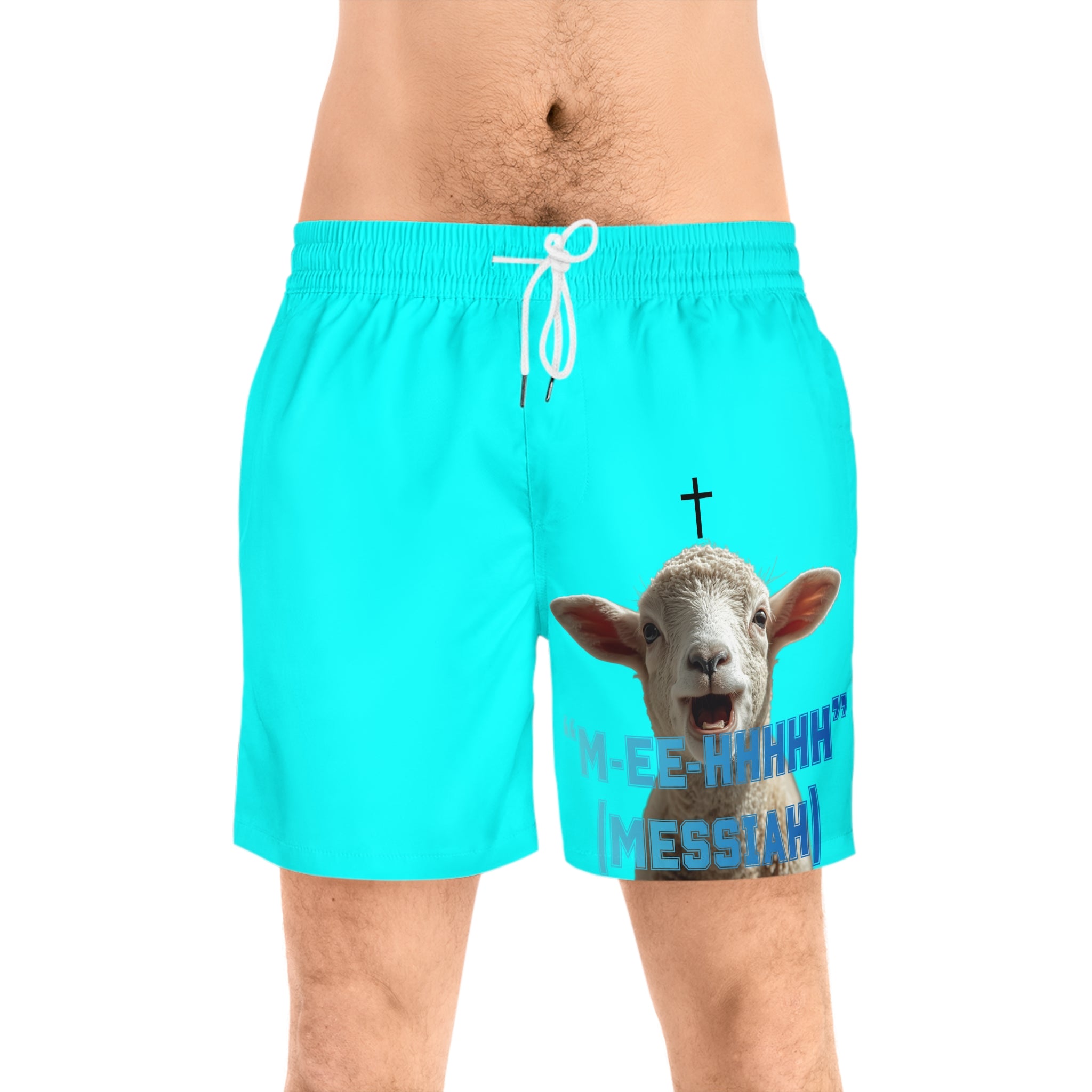 "M-EE-HHHHH" (Messiah)™ Bright Blue Mid-Length Swim Shorts (AOP)