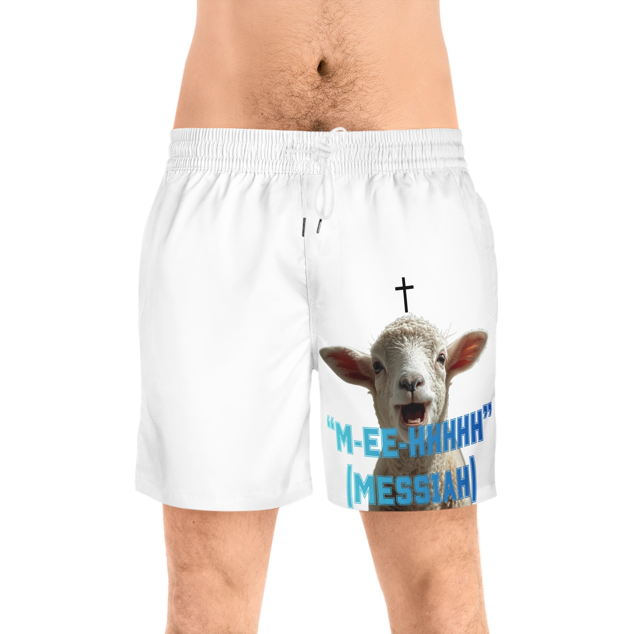 "M-EE-HHHHH" (Messiah)™ White Mid-Length Swim Shorts (AOP)
