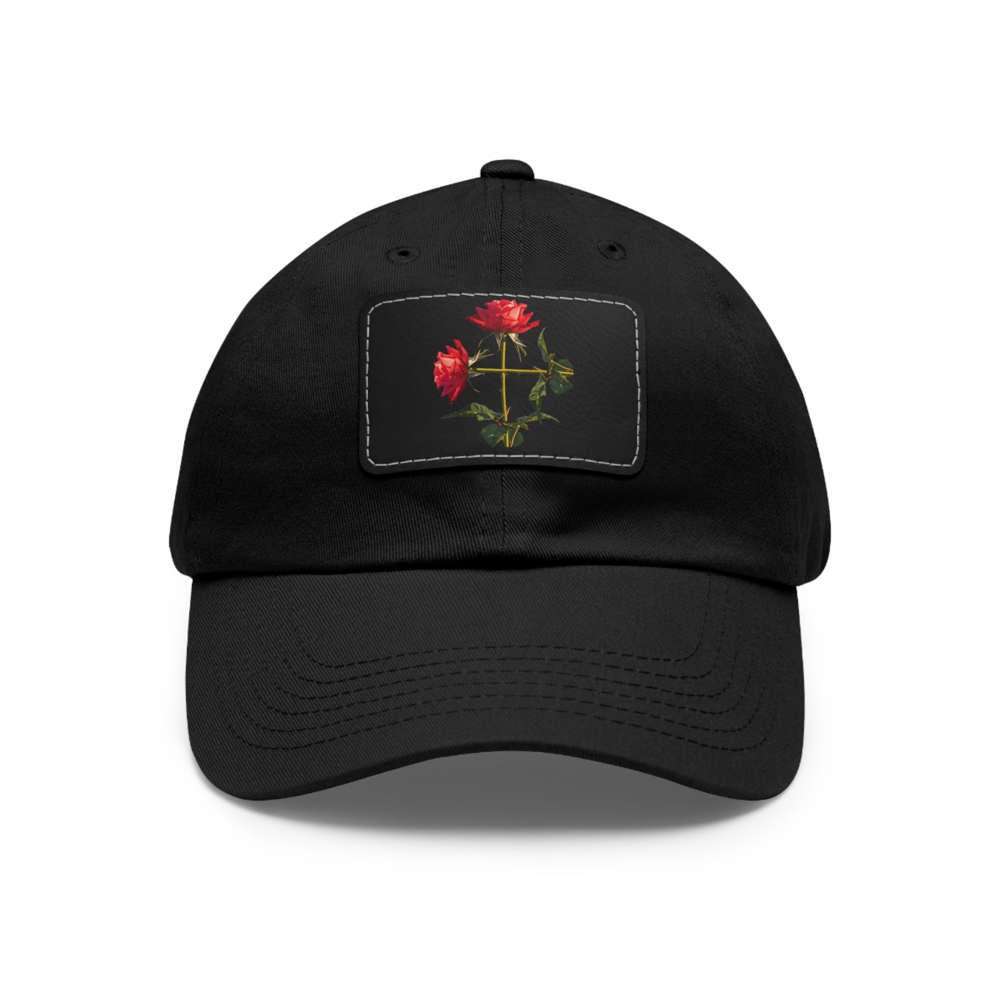 Cross Form Red Roses, Dad Hat with Leather Patch (Rectangle)