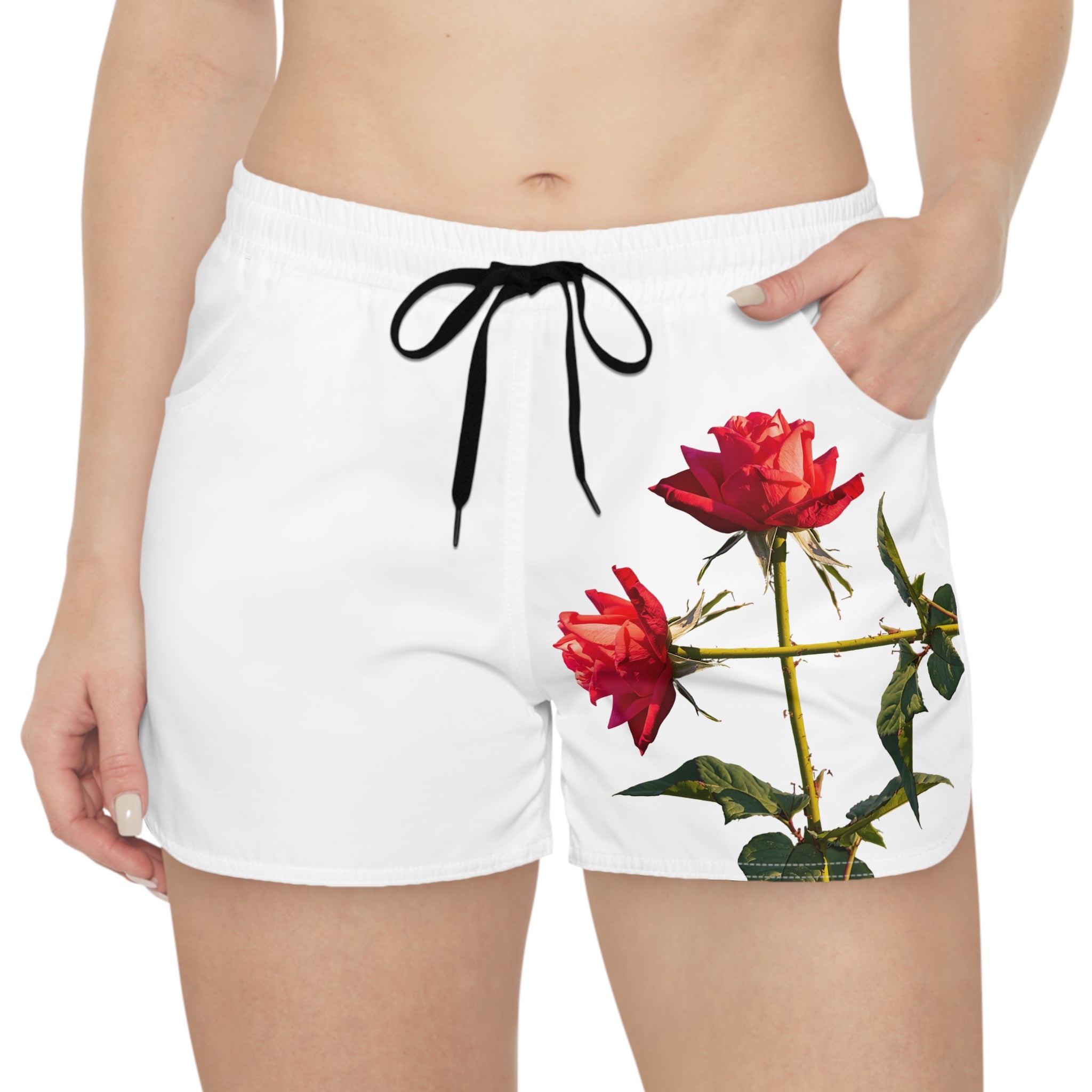 Cross Form Red Roses, Women's White Casual Shorts (AOP)
