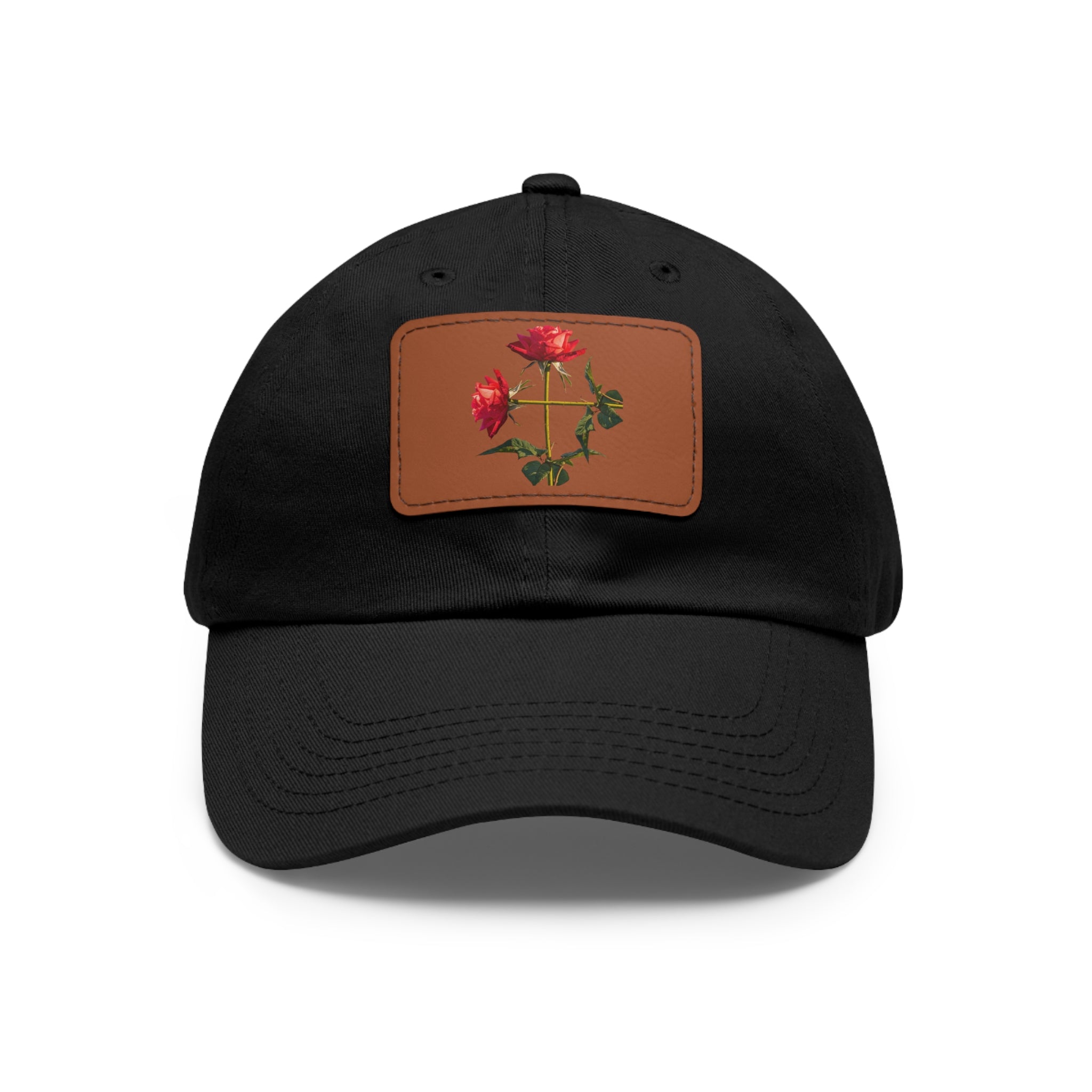 Cross Form Red Roses, Dad Hat with Leather Patch (Rectangle)