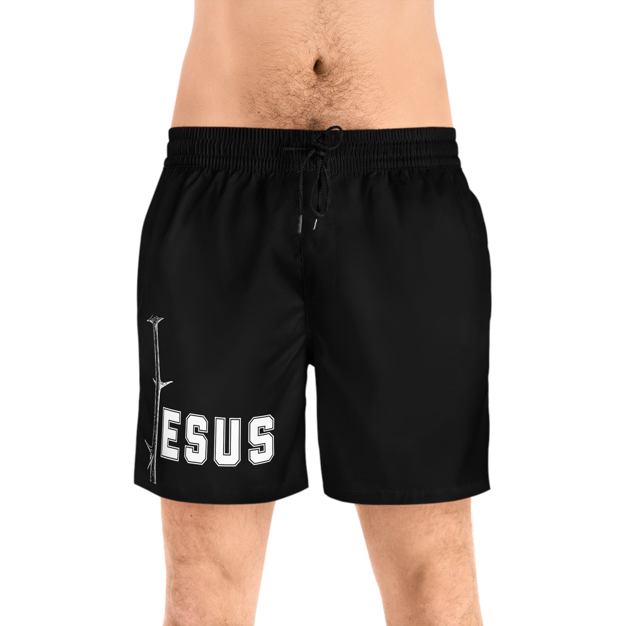 Jesus With Branch Of Thorns, White Mid-Length Swim Shorts (AOP)