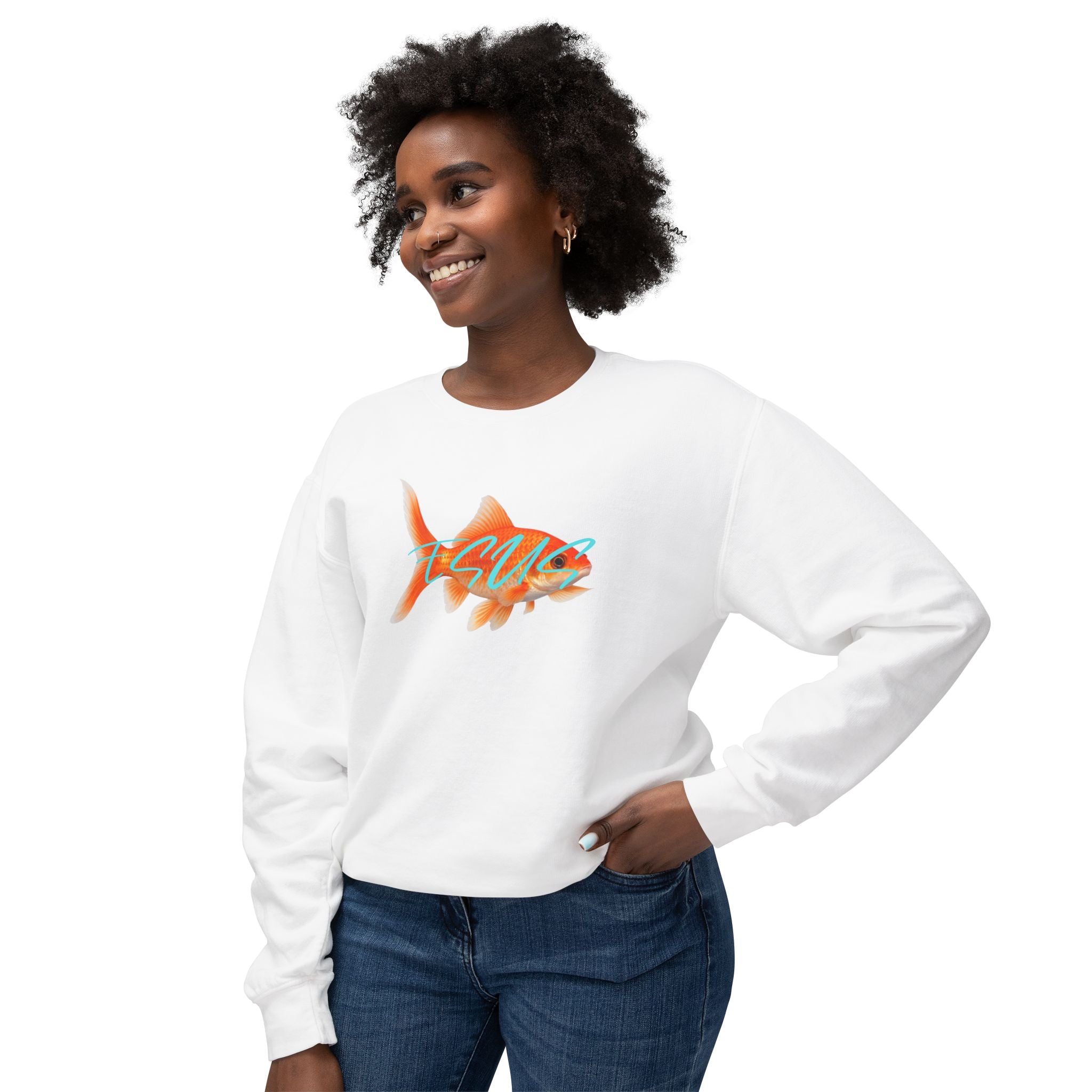 Jesus With Goldfish, 2 Sided Unisex Lightweight Crewneck Sweatshirt