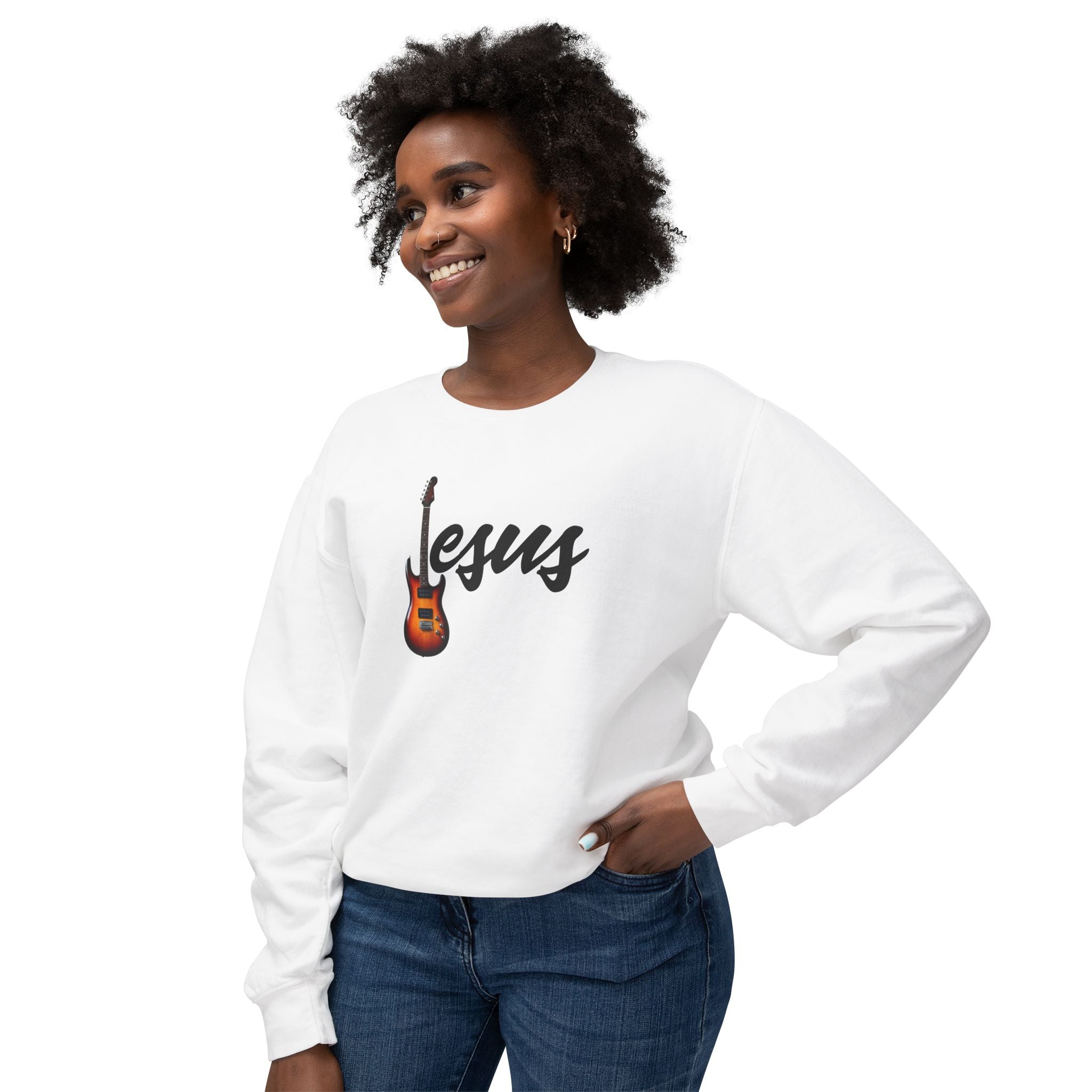 Jesus With Guitar, Unisex Lightweight Crewneck Sweatshirt