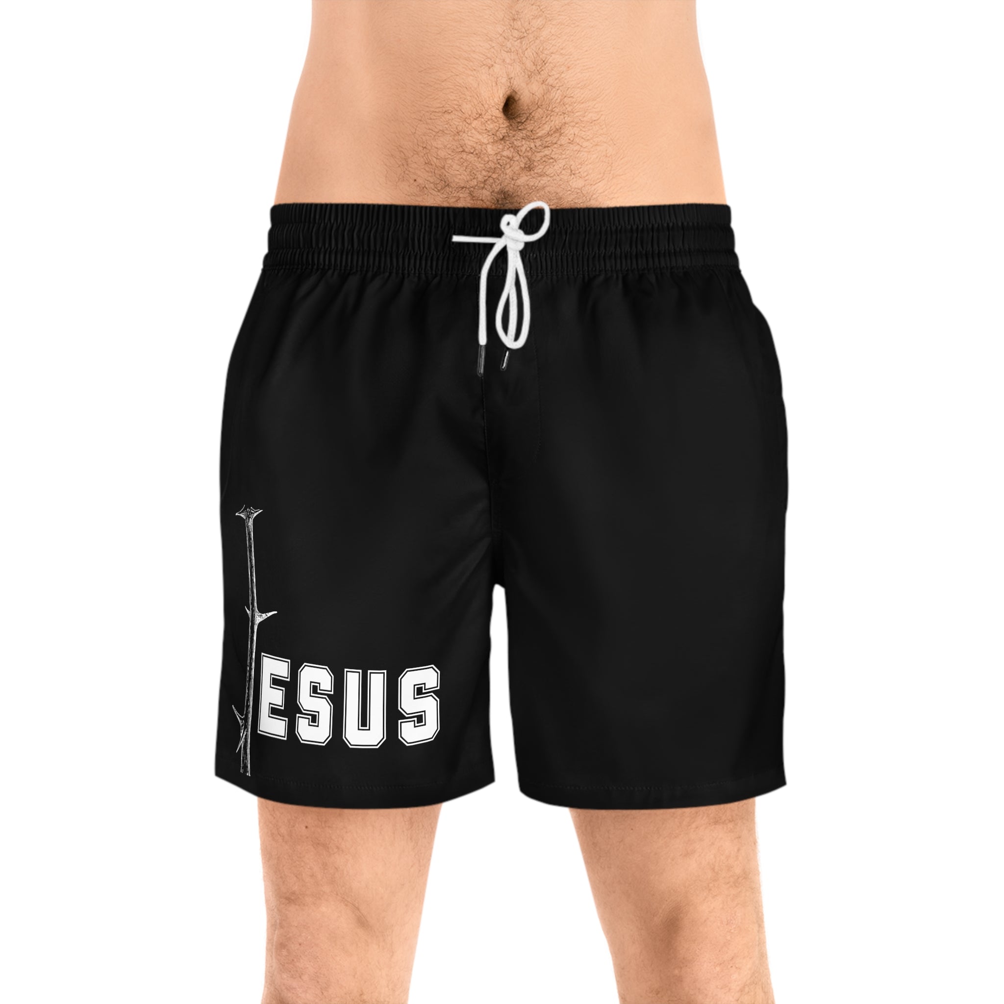 Jesus With Branch Of Thorns, White Mid-Length Swim Shorts (AOP)