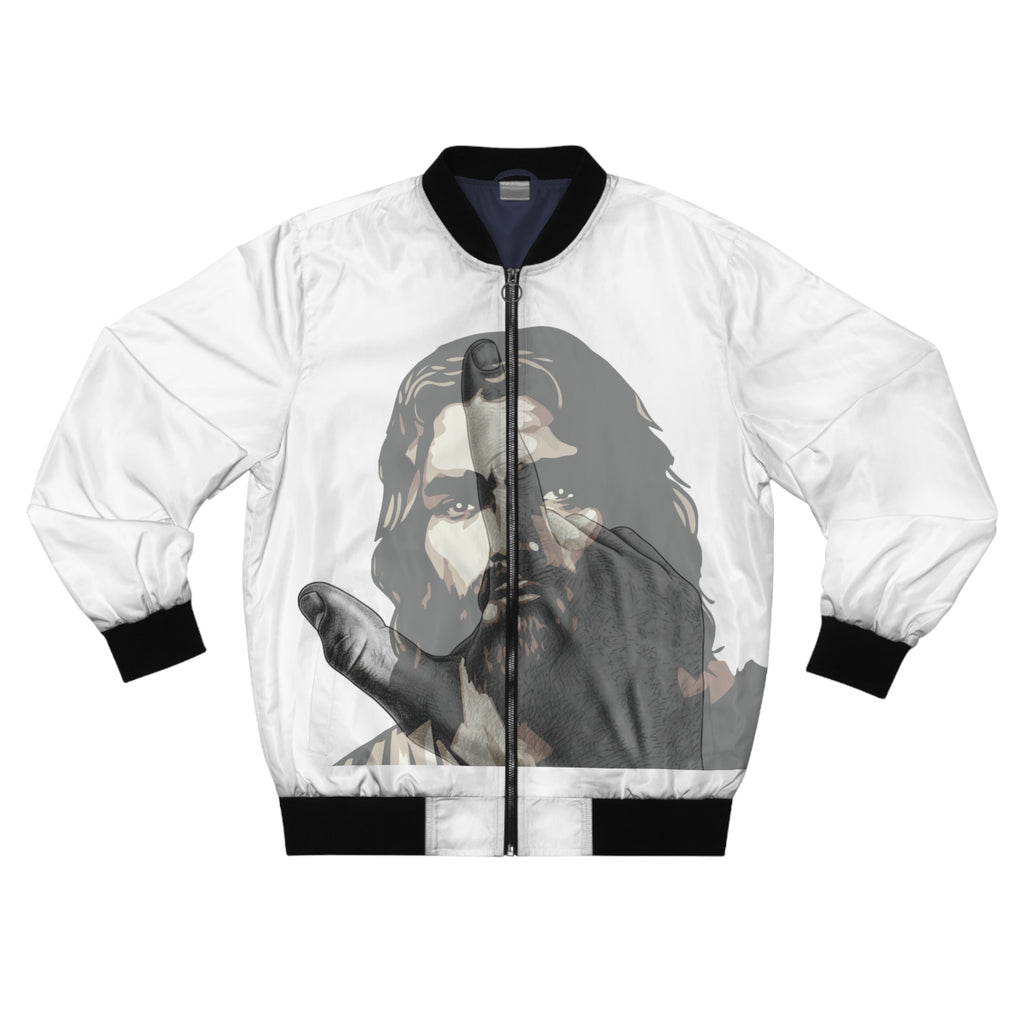 Jesus And J Hand Gesture, Men's White Bomber Jacket (AOP)
