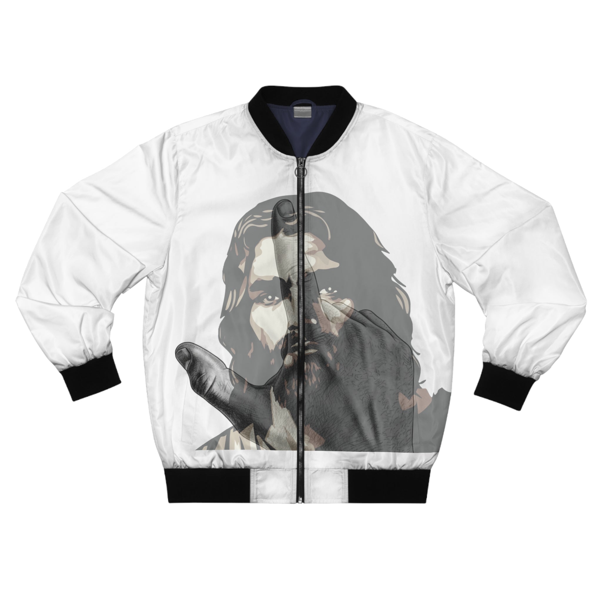 Jesus And J Hand Gesture, Men's White Bomber Jacket (AOP)