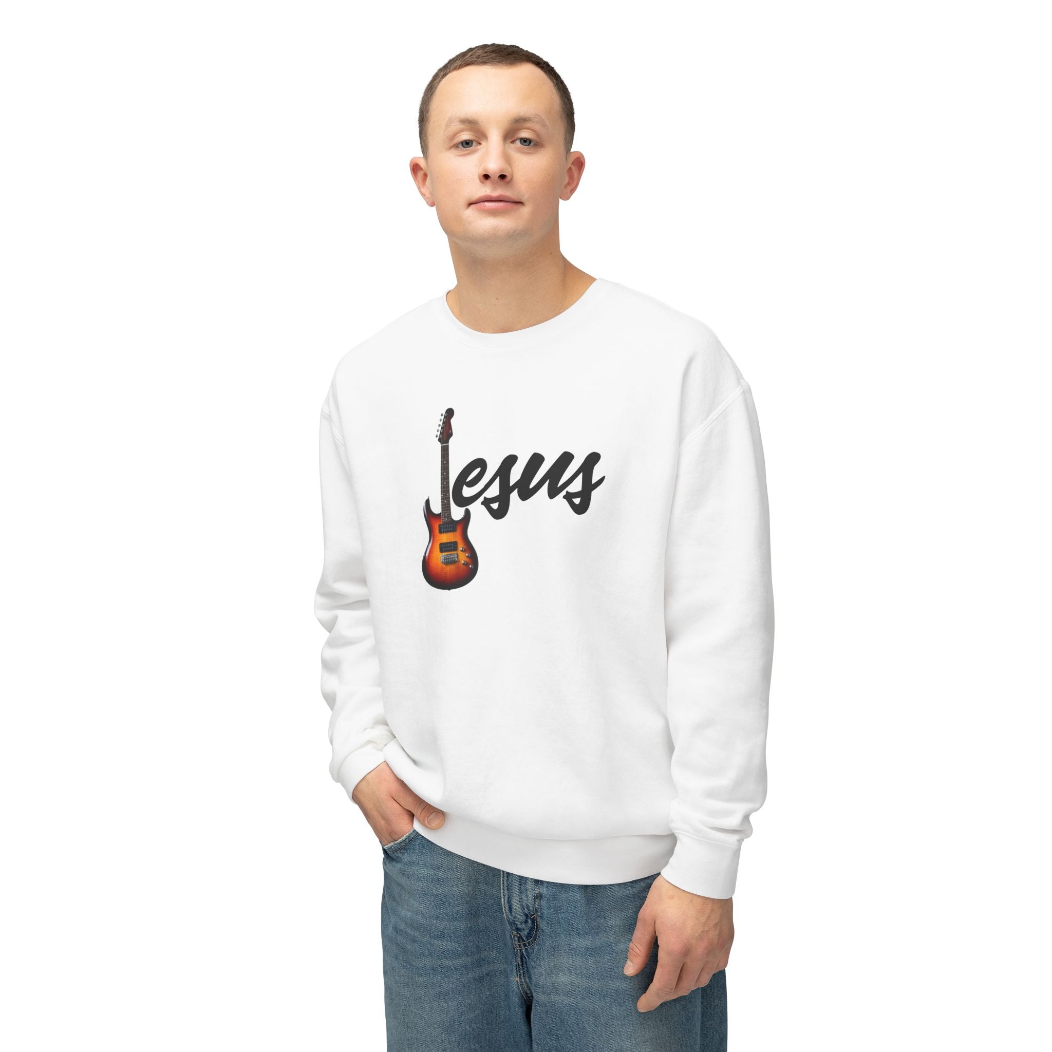 Jesus With Guitar, Unisex Lightweight Crewneck Sweatshirt