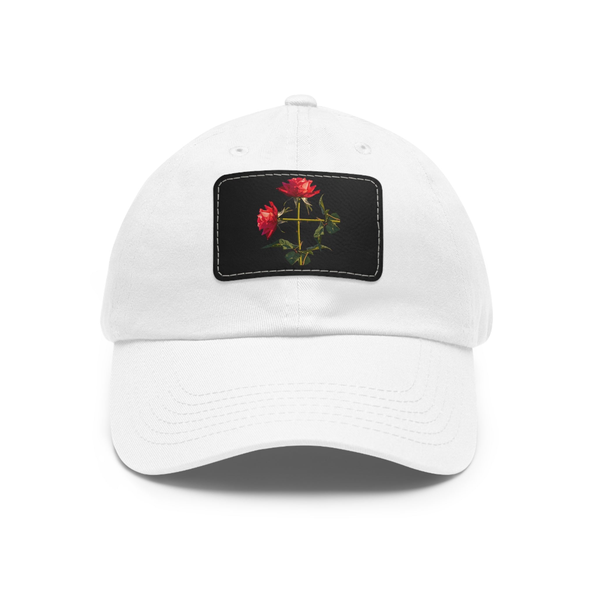 Cross Form Red Roses, Dad Hat with Leather Patch (Rectangle)