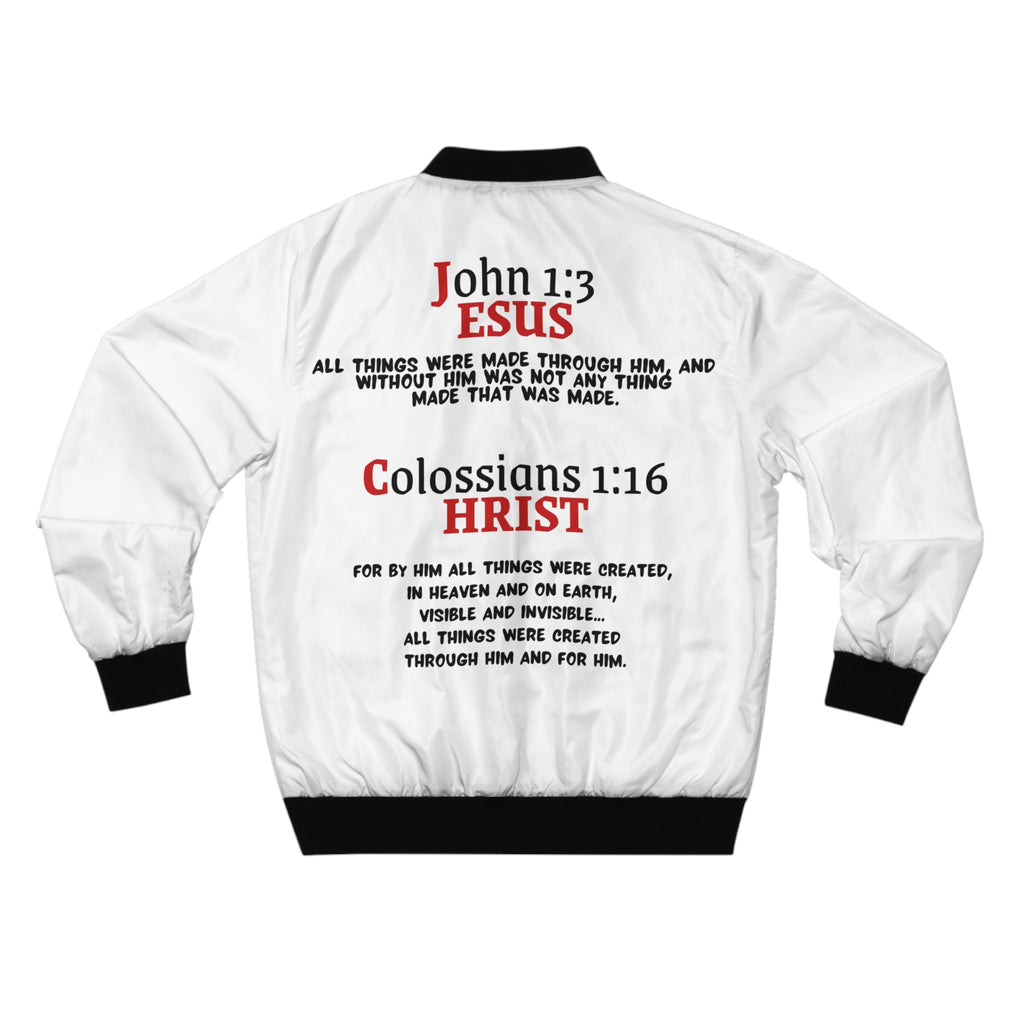 Jesus Christ, John 1:3 And Colossians 1:16, 2 Sided Men's White Bomber Jacket (AOP)