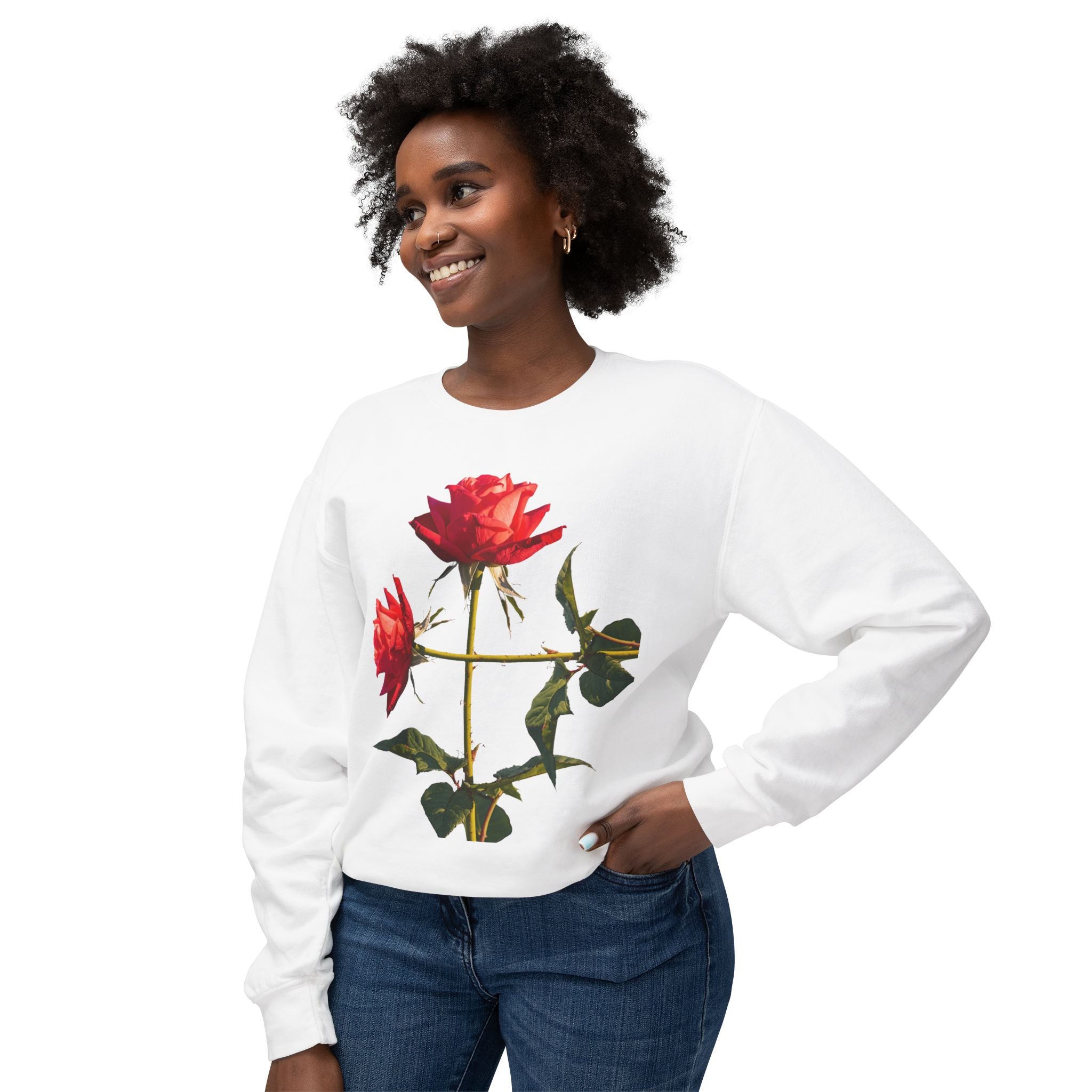 Cross Form Red Roses, Large Print, Unisex Lightweight Crewneck Sweatshirt