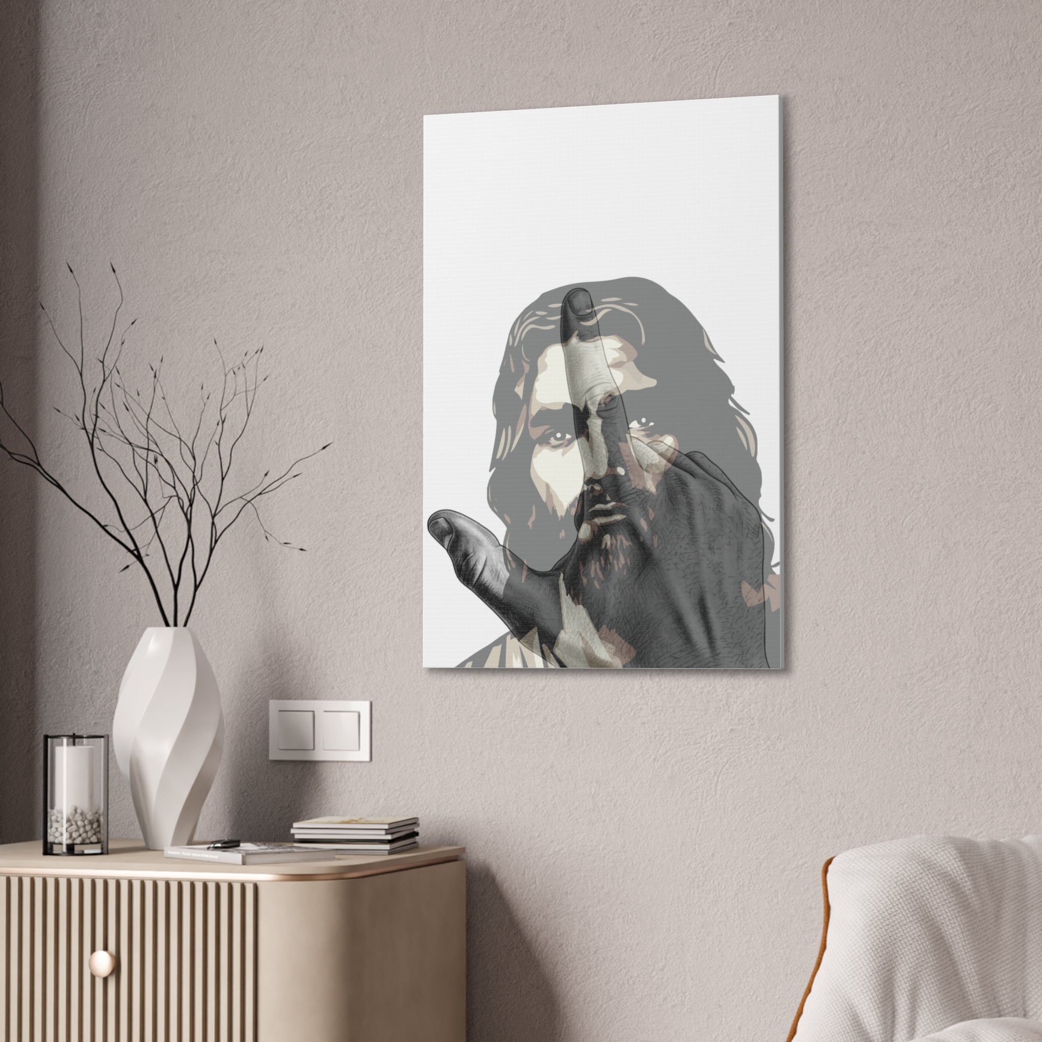 Jesus And J Hand Gesture, White Canva Stretched 0.75"