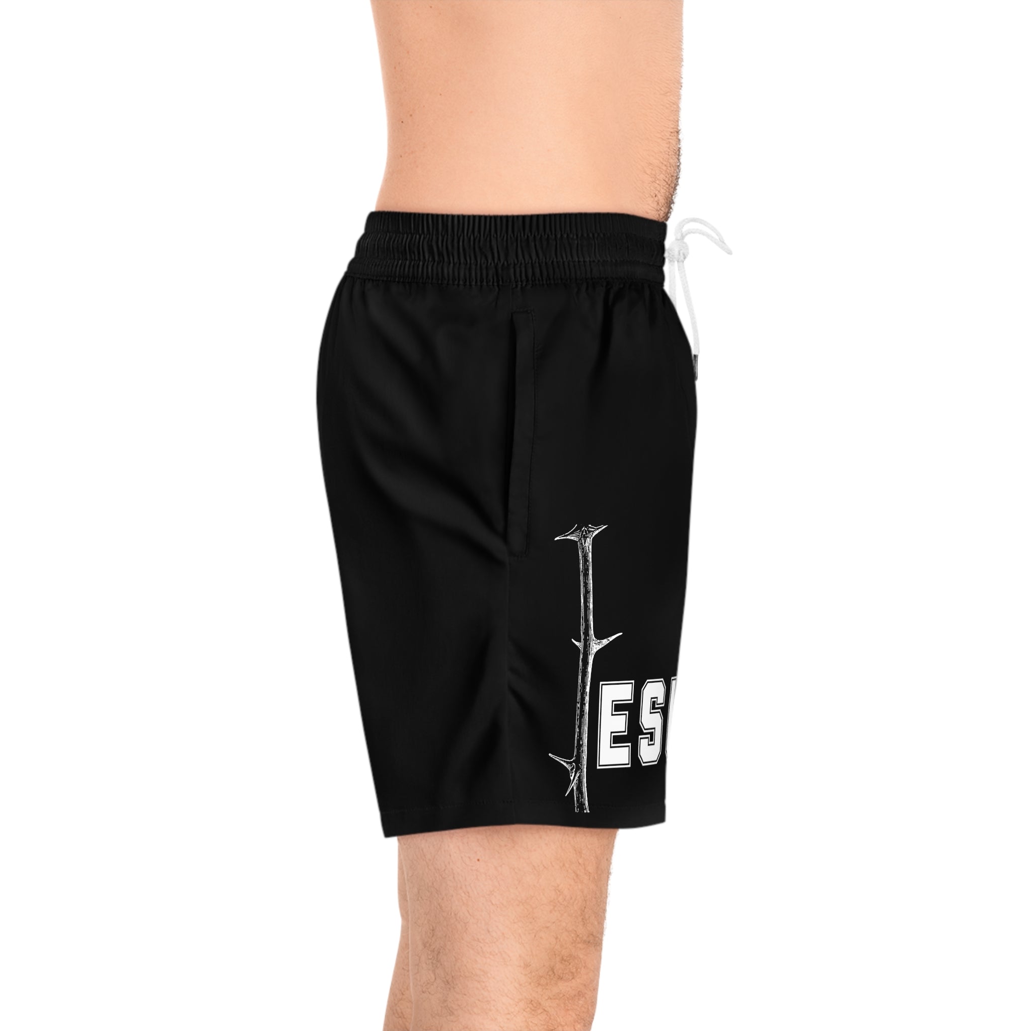 Jesus With Branch Of Thorns, White Mid-Length Swim Shorts (AOP)