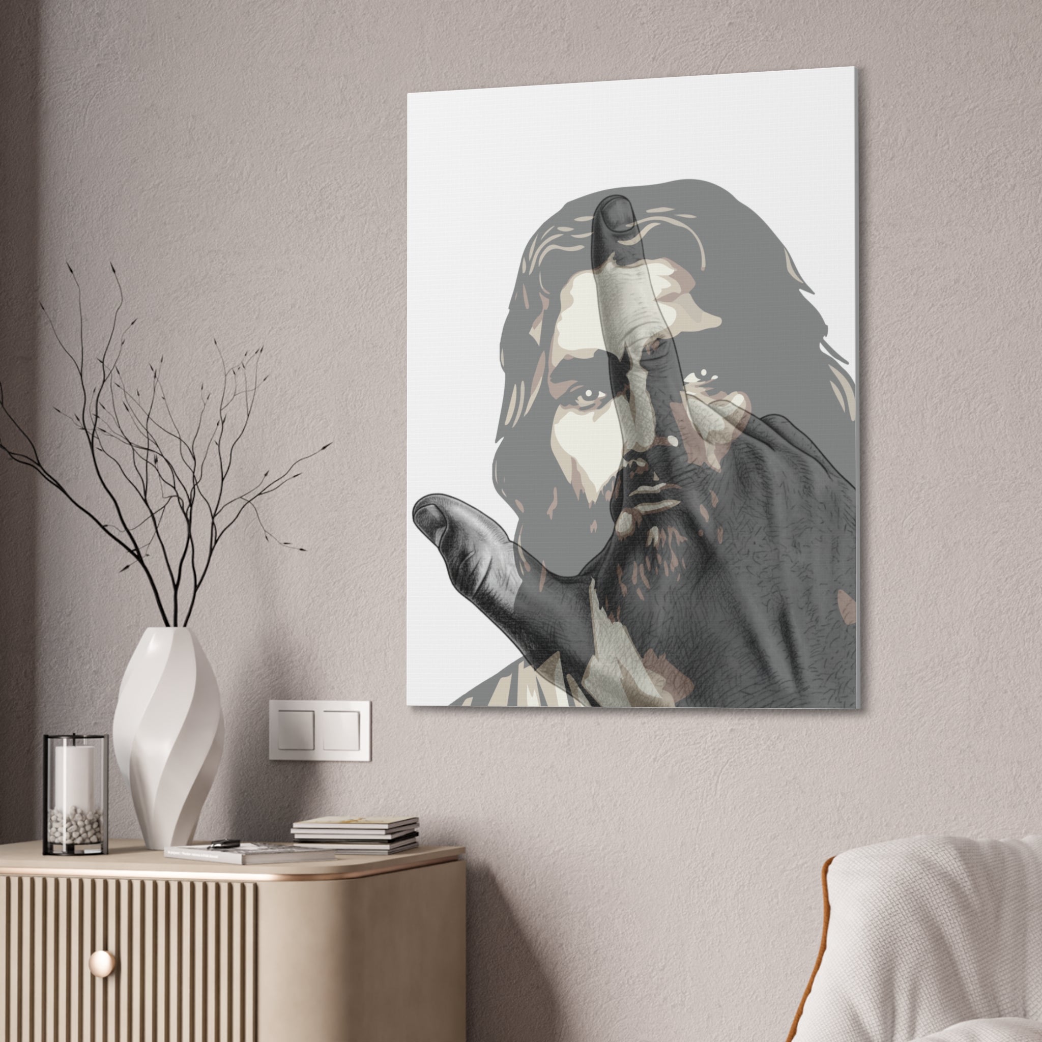 Jesus And J Hand Gesture, White Canva Stretched 0.75"