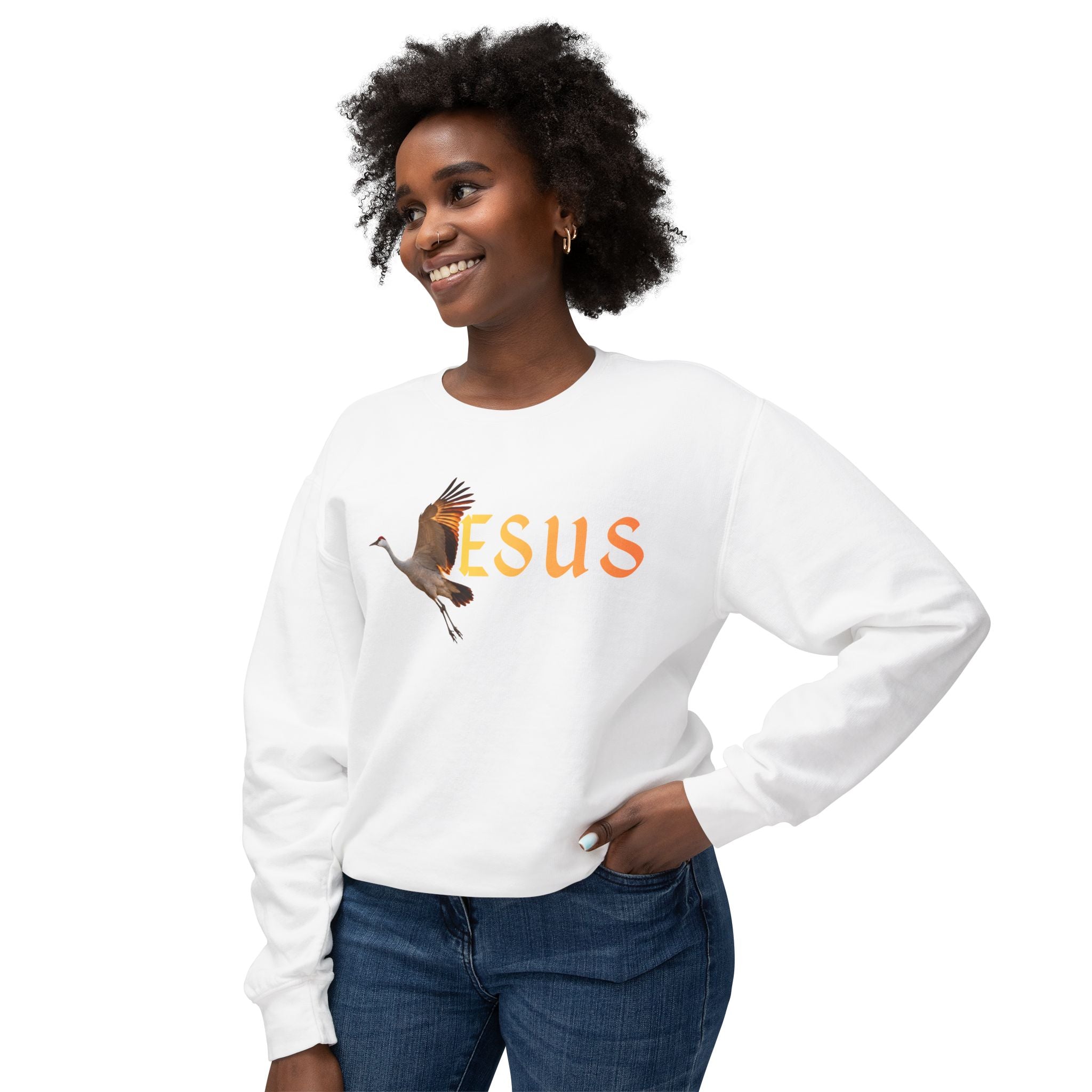 Jesus With Crane Bird, Unisex Lightweight Crewneck Sweatshirt