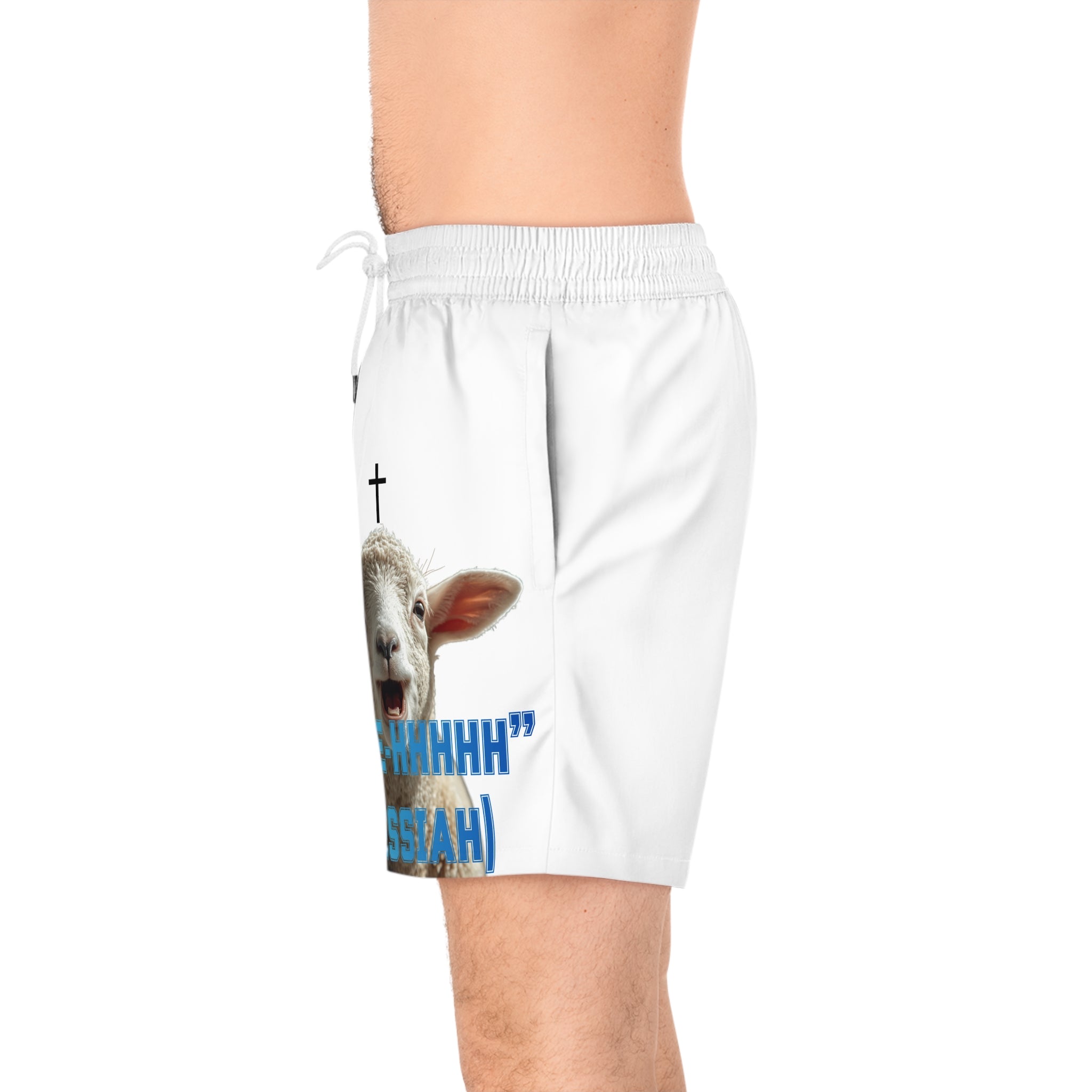 "M-EE-HHHHH" (Messiah)™ White Mid-Length Swim Shorts (AOP)