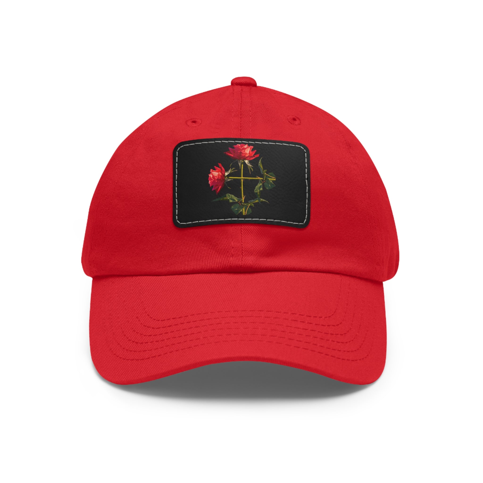 Cross Form Red Roses, Dad Hat with Leather Patch (Rectangle)