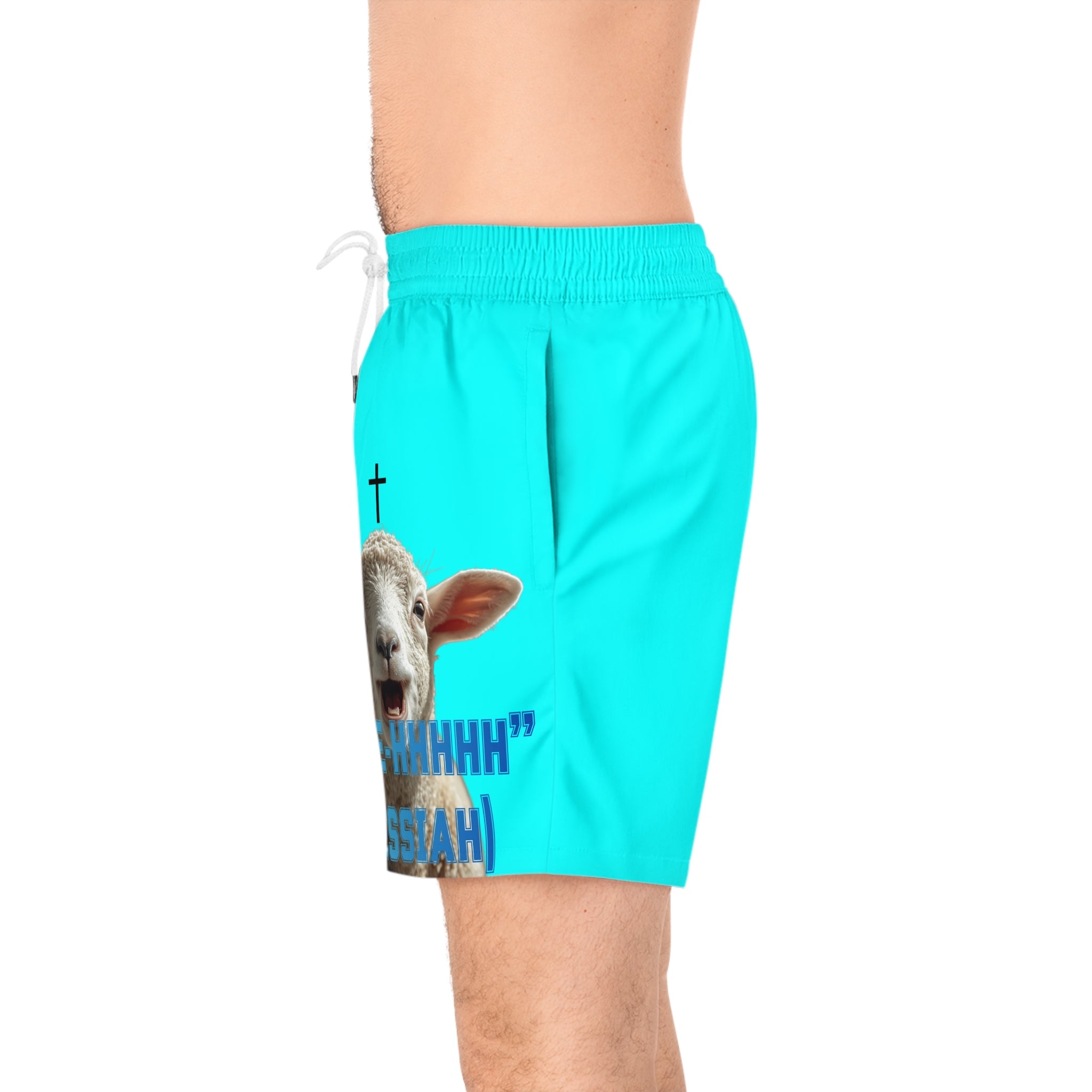 "M-EE-HHHHH" (Messiah)™ Bright Blue Mid-Length Swim Shorts (AOP)