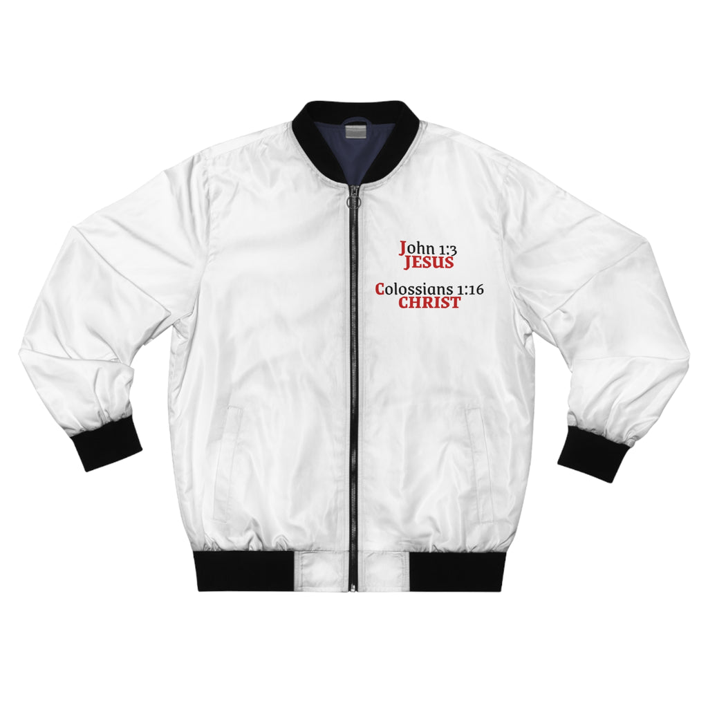 Jesus Christ, John 1:3 And Colossians 1:16, 2 Sided Men's White Bomber Jacket (AOP)