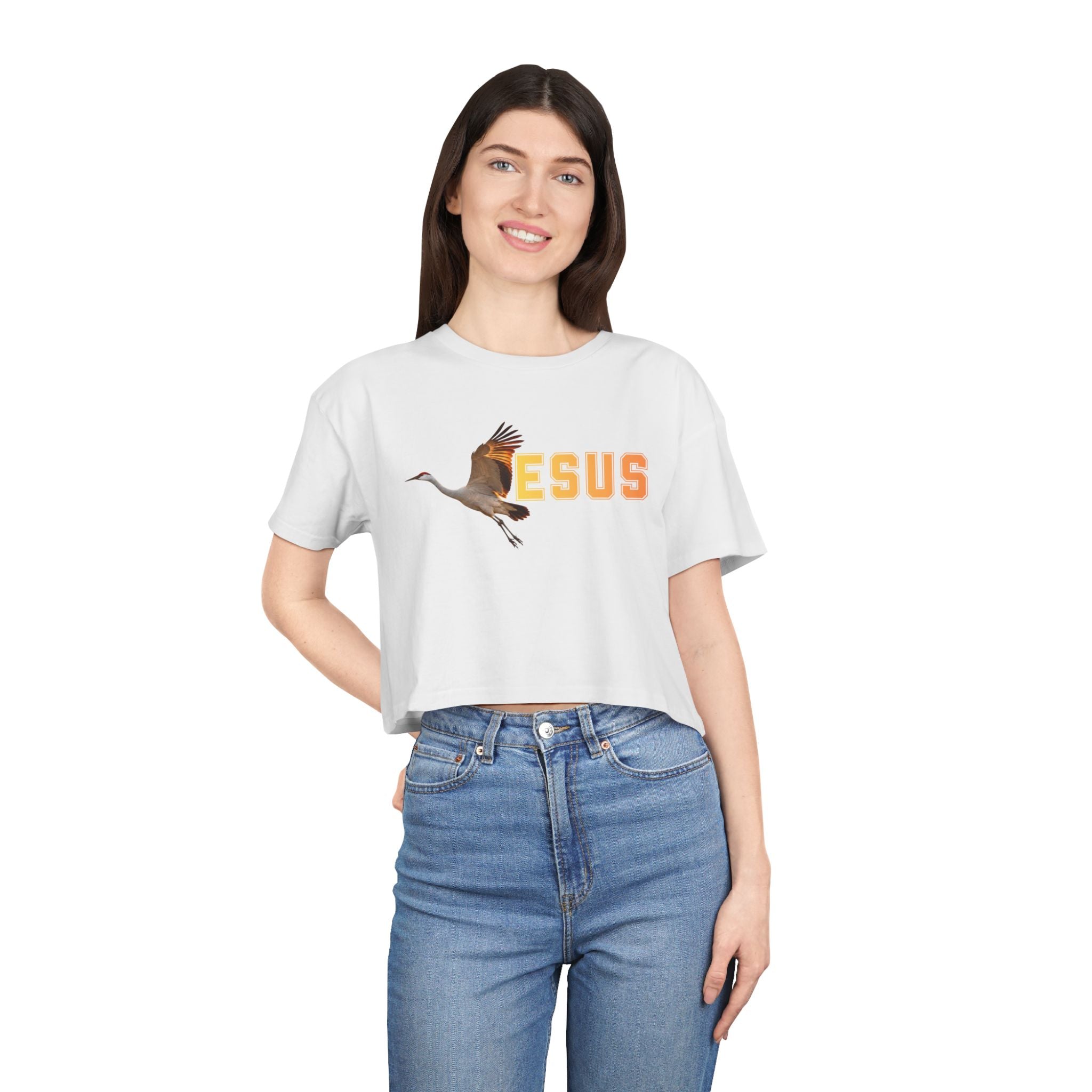 Jesus With Crane Bird, Women's Crop Tee
